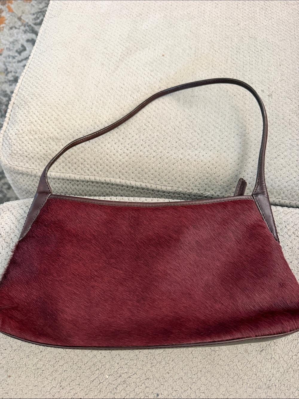 Maxx New York Burgundy Haircalf Shoulder Bag with Brown Trim